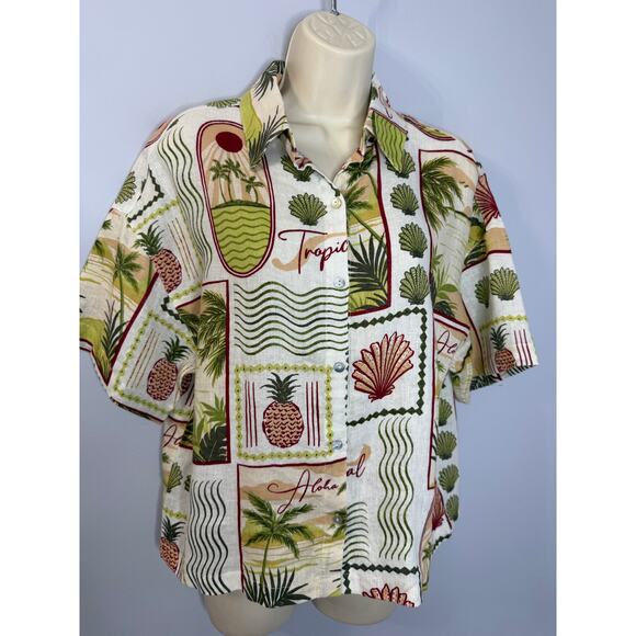 C&C California Linen Tropical Print Short Sleeve Shirt Women's M New - Picture 4 of 13